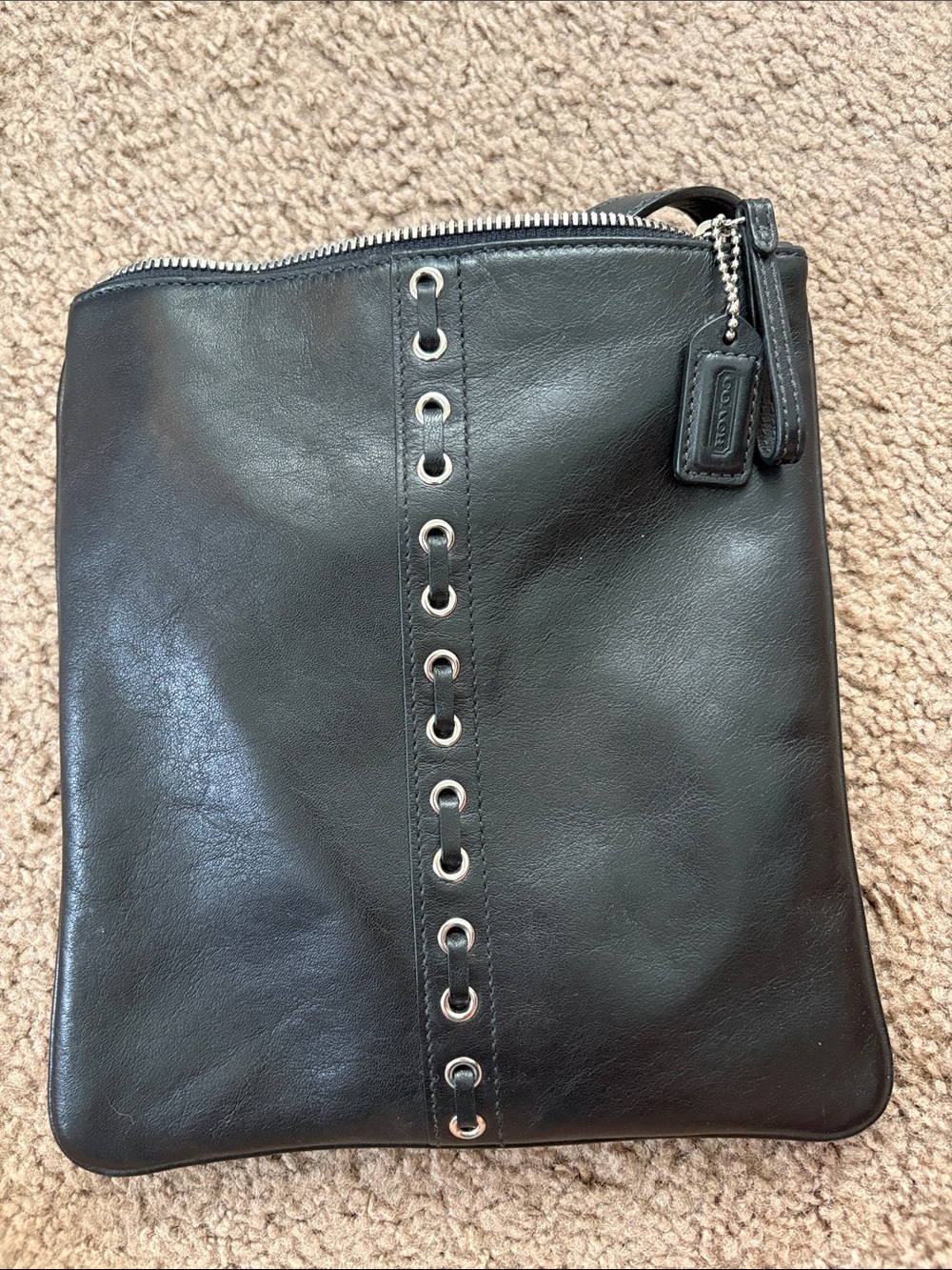 Coach Black Leather Crossbody with Silver Grommet Detail